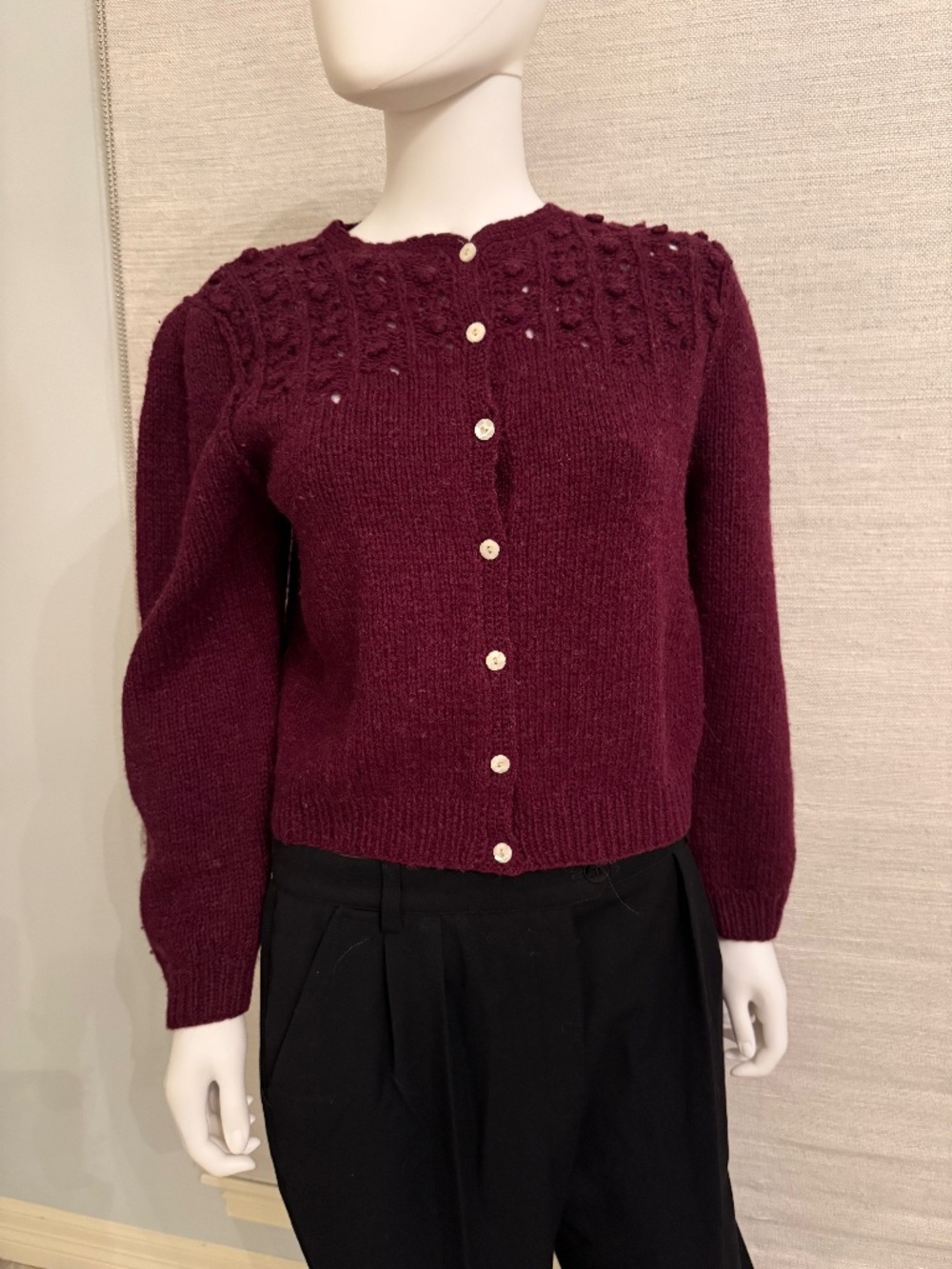 Vintage Ralph Lauren Hand Knit Wool Cardigan Burgundy Cable Sweater Preppy
